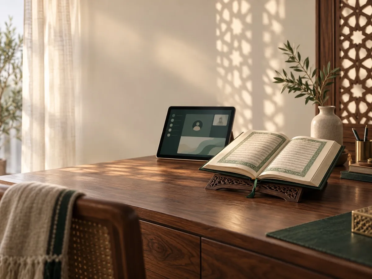 Quran and tablet in a peaceful home study
